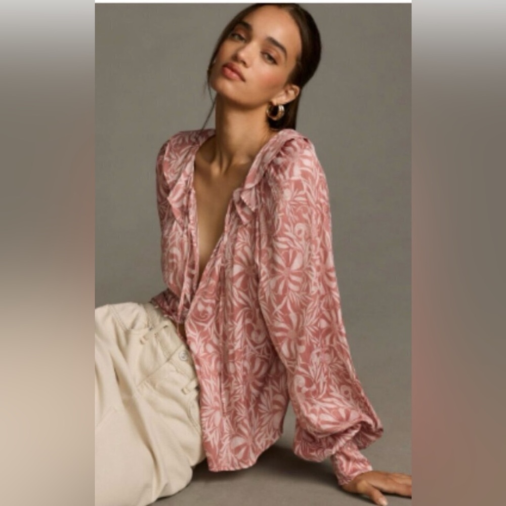 Florence Balducci Anthropologie Femme Blouse Collared Long Sleeve Top Pink Large